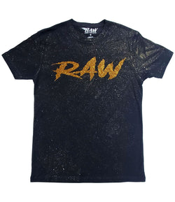 Men Cursive RAW Gold Bling Foil Wash Crew Neck - Black - Rawyalty Clothing