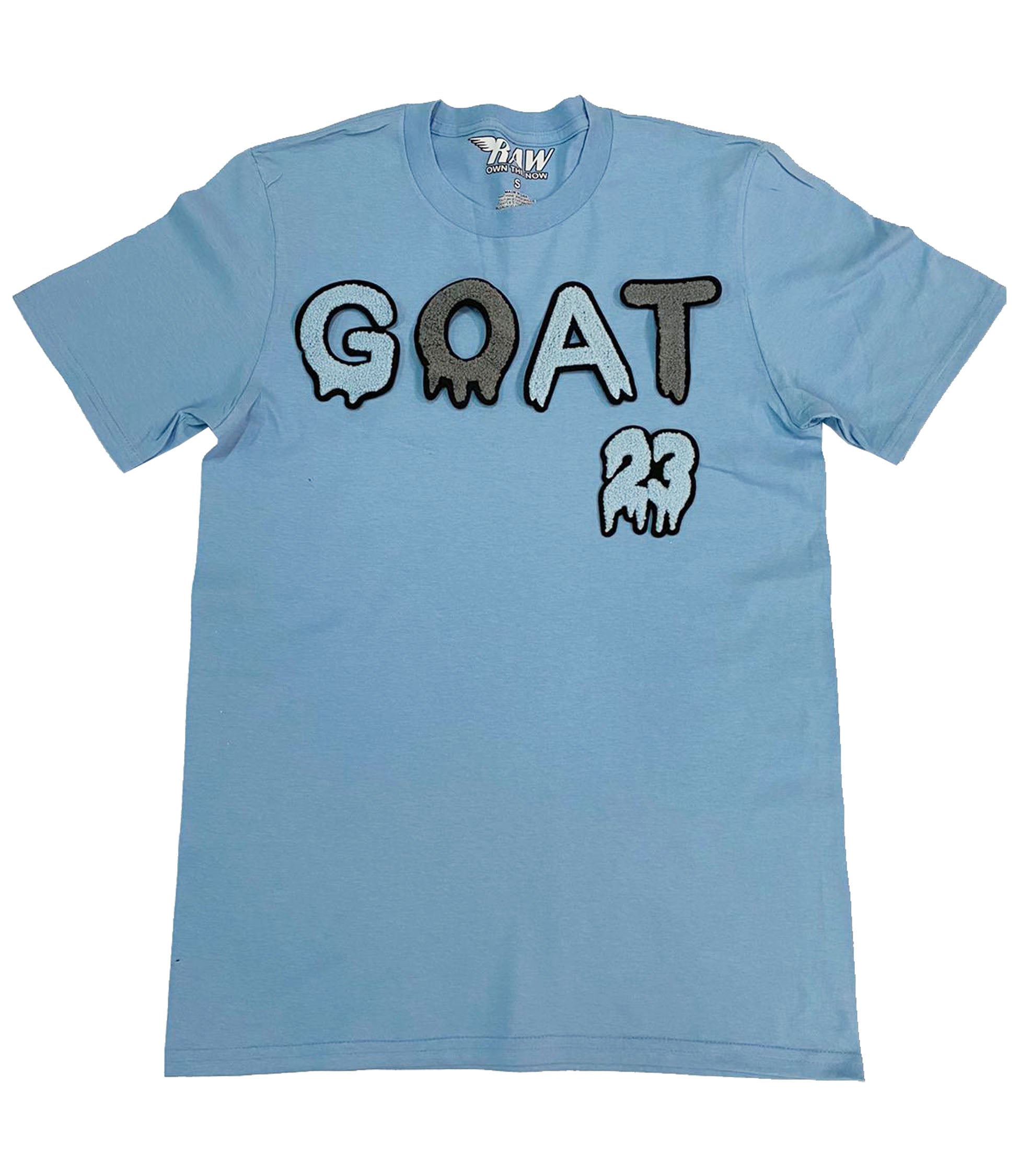 Men GOAT Baby Blue/Grey Chenille Crew Neck T-Shirts - Rawyalty Clothing