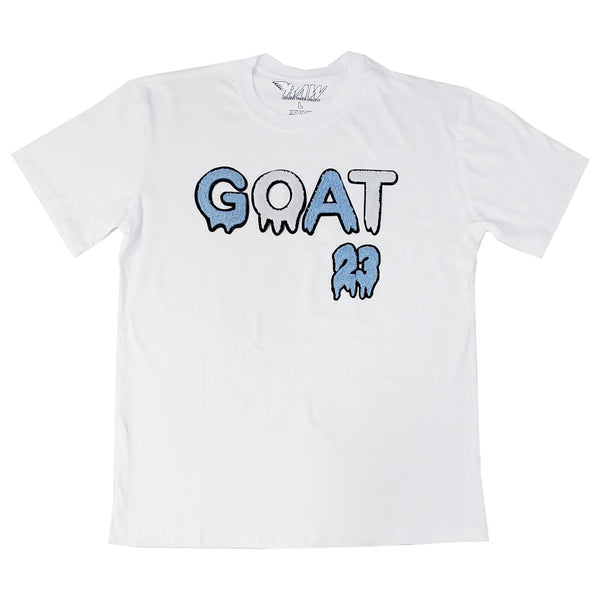 Men GOAT Baby Blue/White Chenille Crew Neck T-Shirts - Rawyalty Clothing