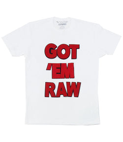 Men GOT "EM RAW Red Chenille Crew Neck - White - Rawyalty Clothing