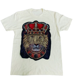 Men Lion Crown Hand Made Sequin Crew Neck - Cream - Rawyalty Clothing