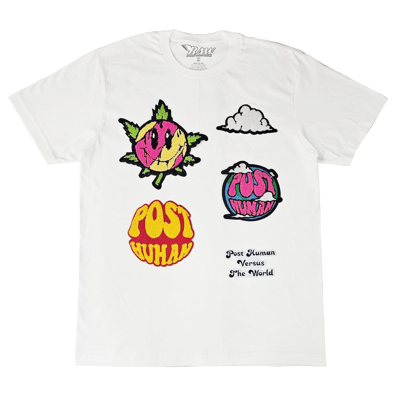 Men Post Human Vs The World Chenille Crew Neck T-Shirts - Rawyalty Clothing