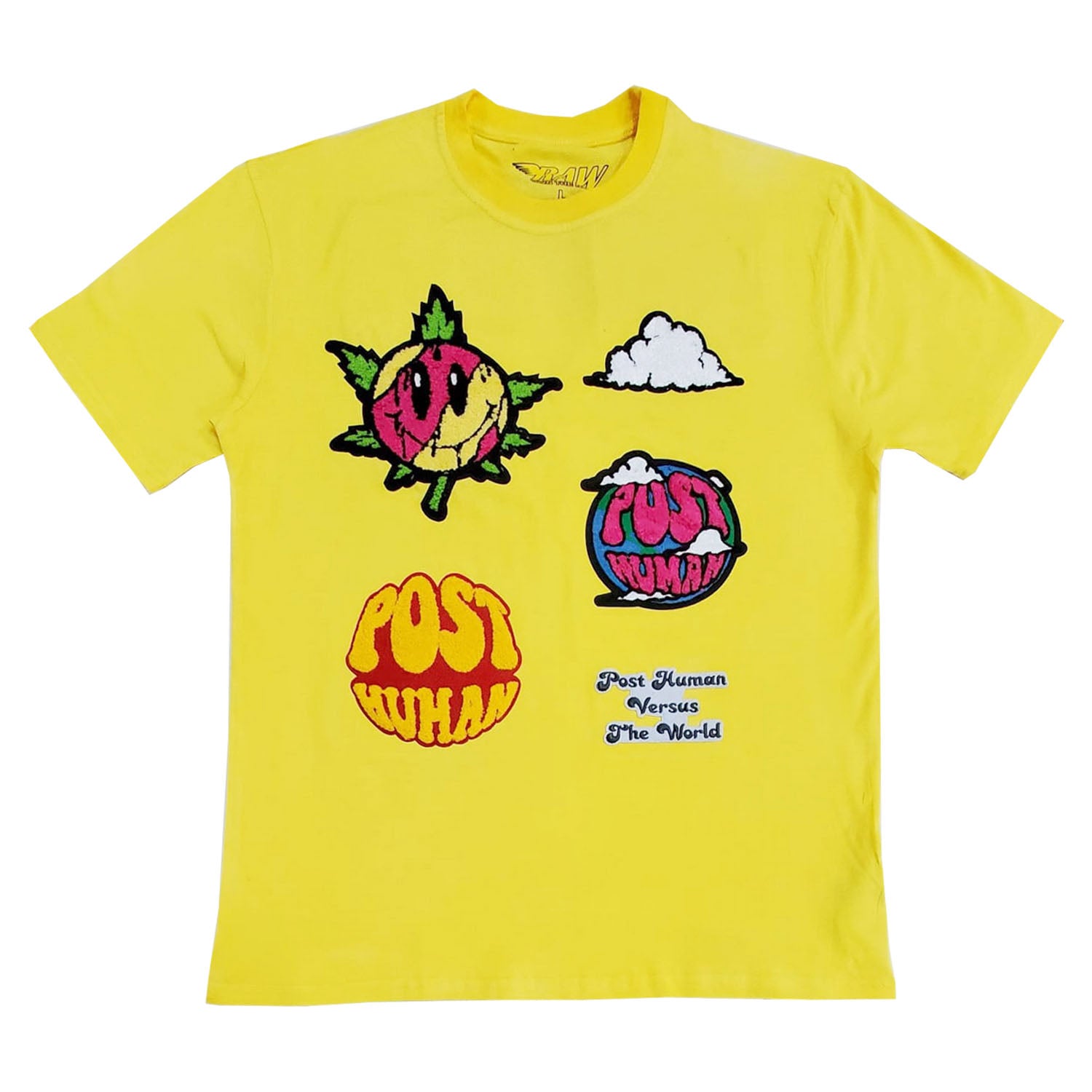 Men Post Human Vs The World Chenille Crew Neck T-Shirts - Rawyalty Clothing