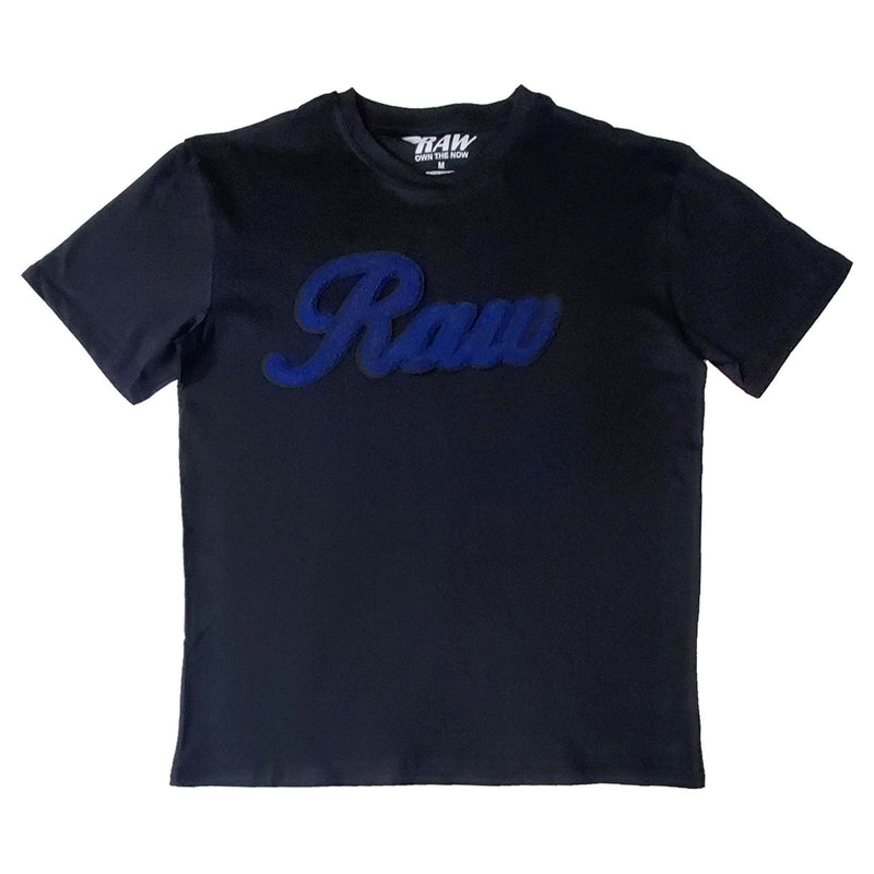 Men RAW Cursive Navy Chenille Crew Neck T-Shirts - Rawyalty Clothing