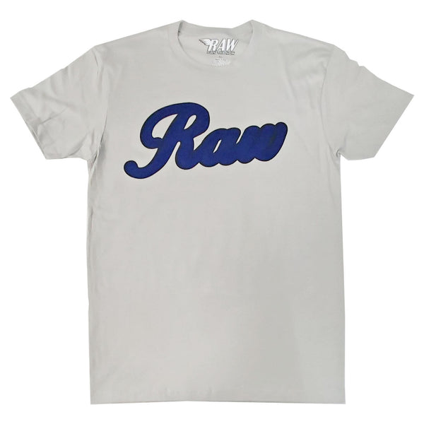 Men RAW Cursive Navy Chenille Crew Neck T-Shirts - Rawyalty Clothing