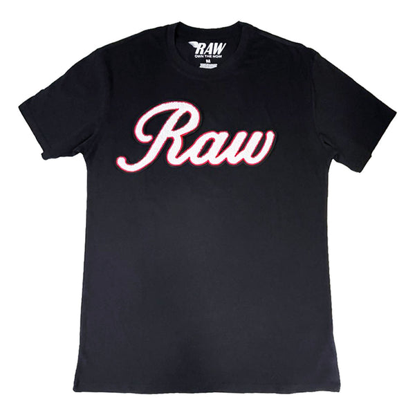 Men RAW Cursive White Chenille Crew Neck T-Shirts - Rawyalty Clothing