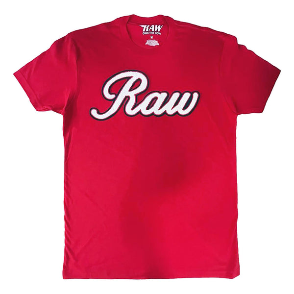 Men RAW Cursive White Chenille Crew Neck T-Shirts - Rawyalty Clothing