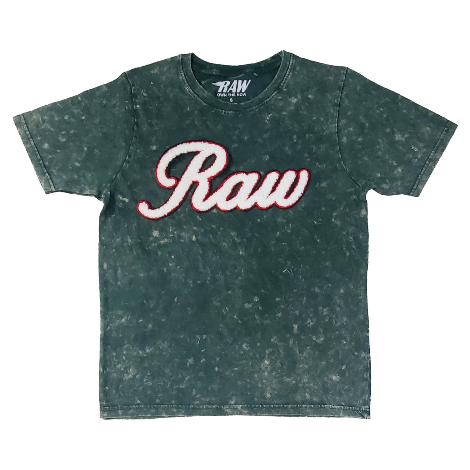 Men RAW Cursive White Chenille Crew Neck T-Shirts - Rawyalty Clothing