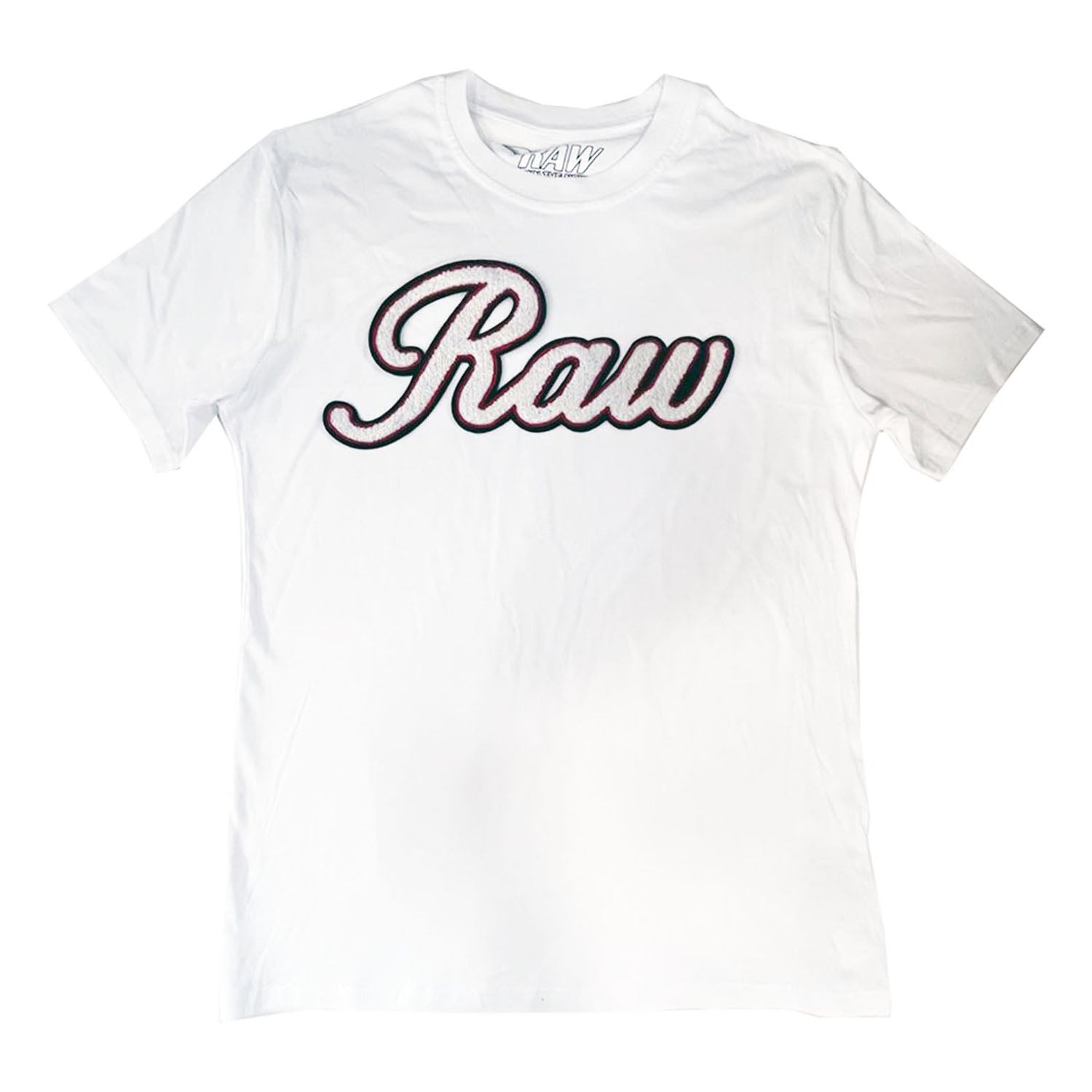 Men RAW Cursive White Chenille Crew Neck T-Shirts - Rawyalty Clothing