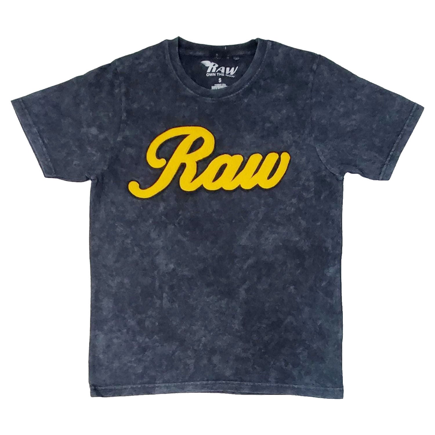 Men RAW Cursive Yellow Chenille Crew Neck T-Shirts - Rawyalty Clothing