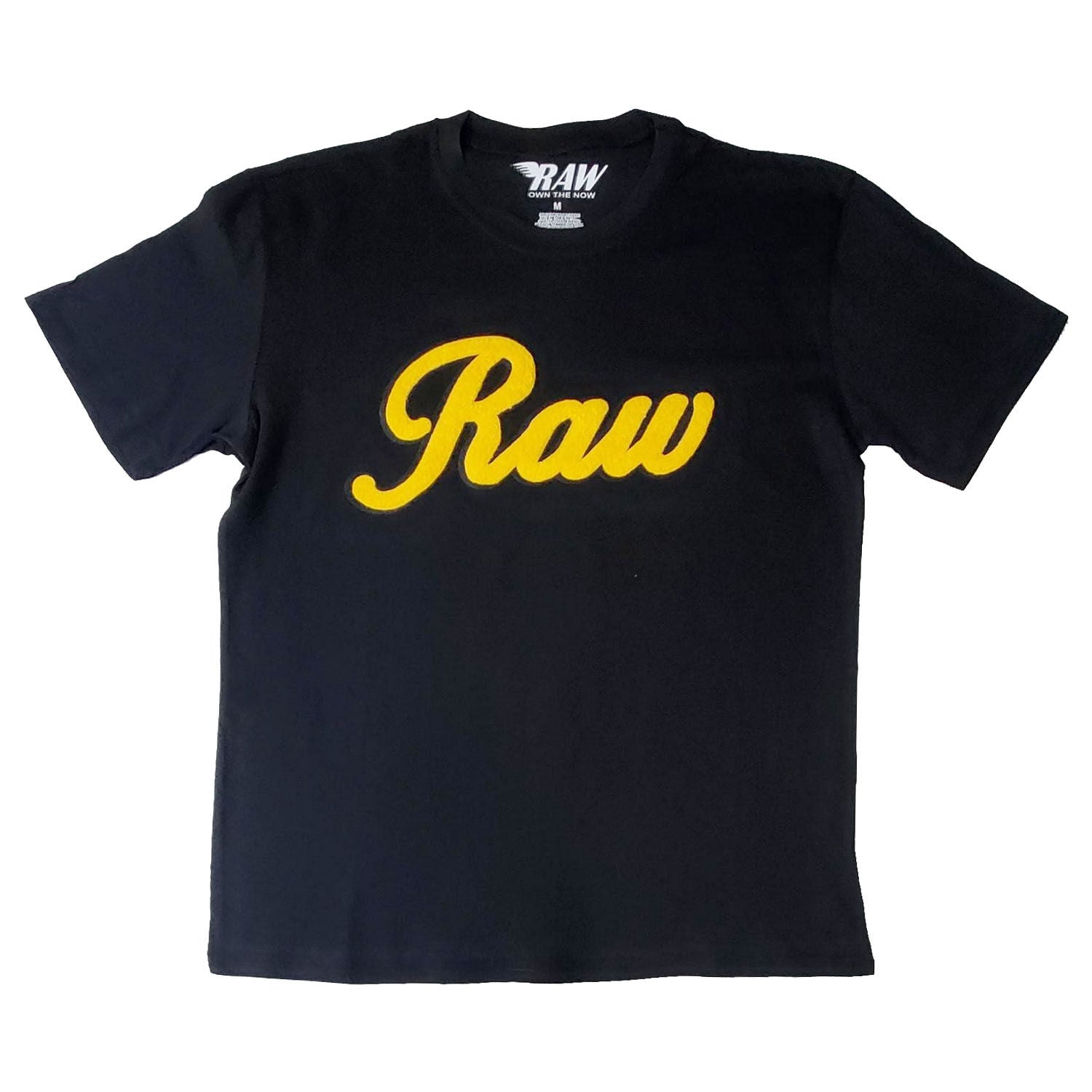 Men RAW Cursive Yellow Chenille Crew Neck T-Shirts - Rawyalty Clothing