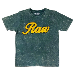 Men RAW Cursive Yellow Chenille Crew Neck T-Shirts - Rawyalty Clothing