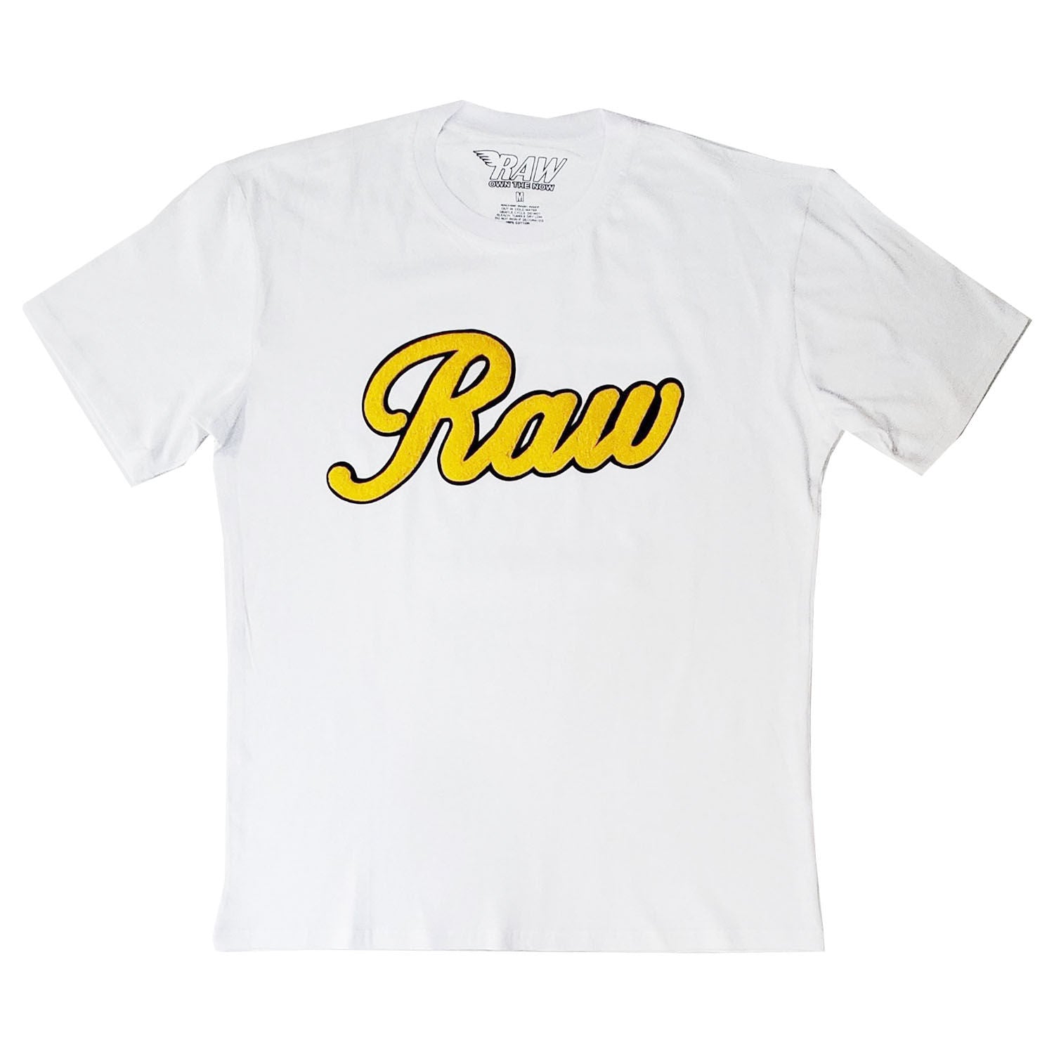 Men RAW Cursive Yellow Chenille Crew Neck T-Shirts - Rawyalty Clothing