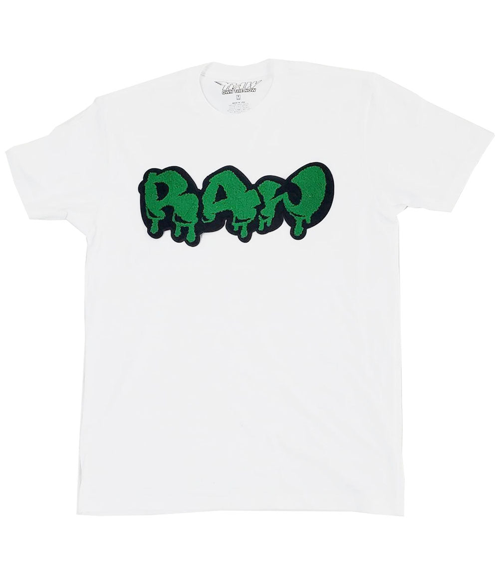 Men RAW Drip Green Chenille Crew Neck - White - Rawyalty Clothing