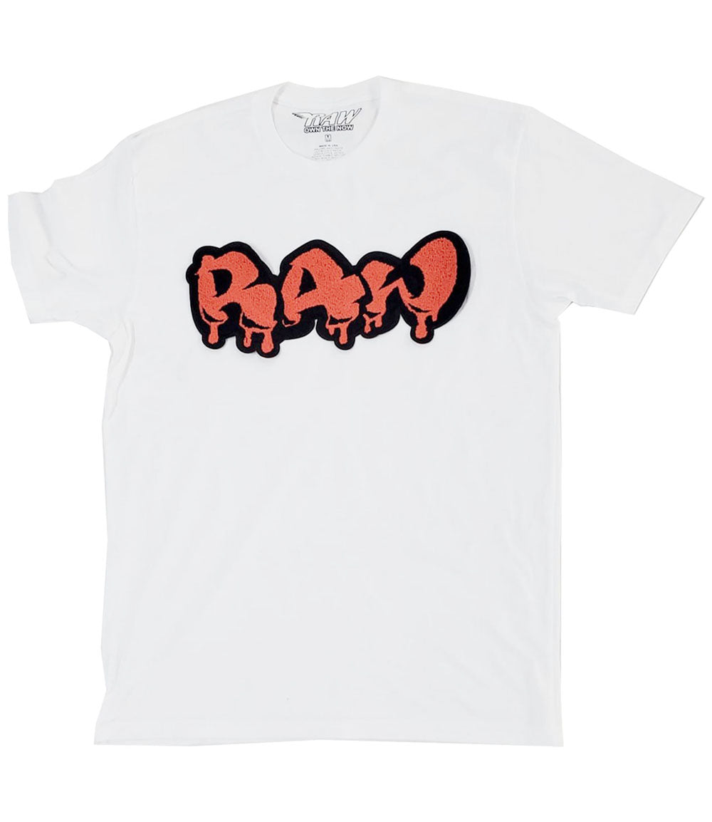Men RAW Drip Tangerine Chenille Crew Neck - White - Rawyalty Clothing