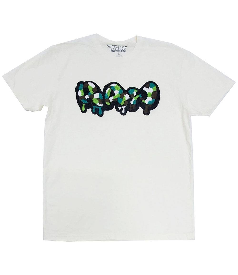 Men RAW Drip Camo Green Chenille Crew Neck - Beige - Rawyalty Clothing