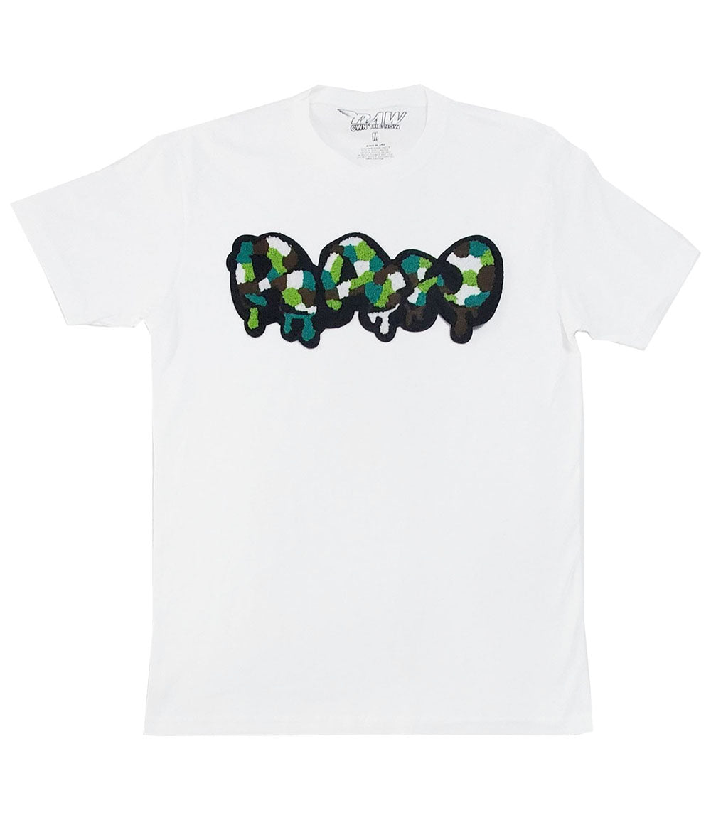 Men RAW Drip Camo Green Chenille Crew Neck - White - Rawyalty Clothing