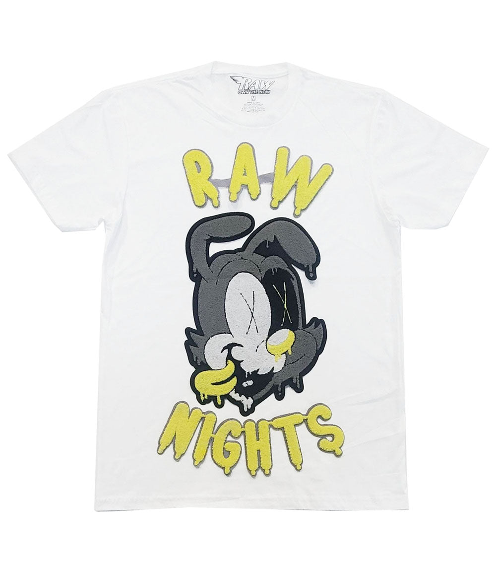 Men RAW Nights Yellow Chenille Crew Neck - White - Rawyalty Clothing