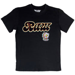 Men RAW Retro Flower Chenille Crew Neck T-Shirts - Black - Rawyalty Clothing