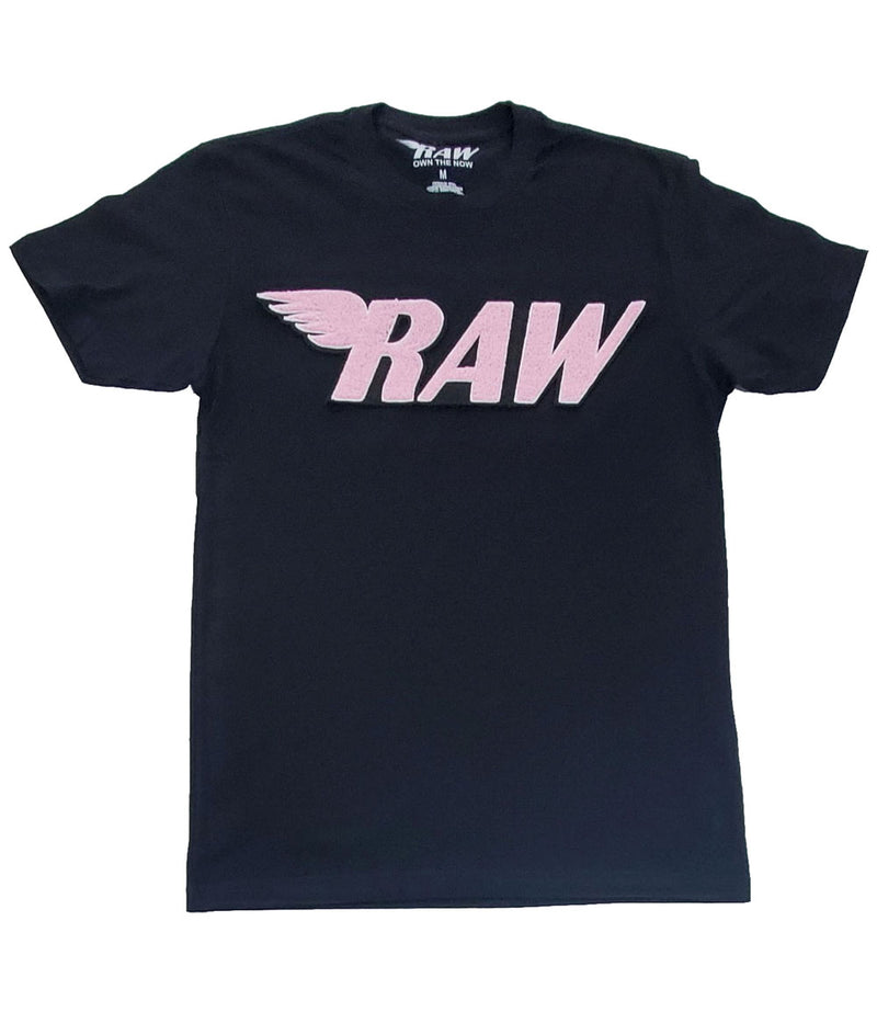 Men RAW Wing Pink Chenille Crew Neck - Black - Rawyalty Clothing