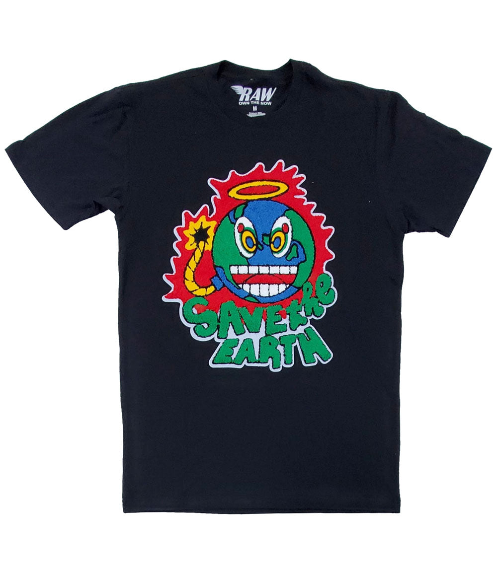Men Save The Earth Chenille Crew Neck T-Shirts - Black - Rawyalty Clothing