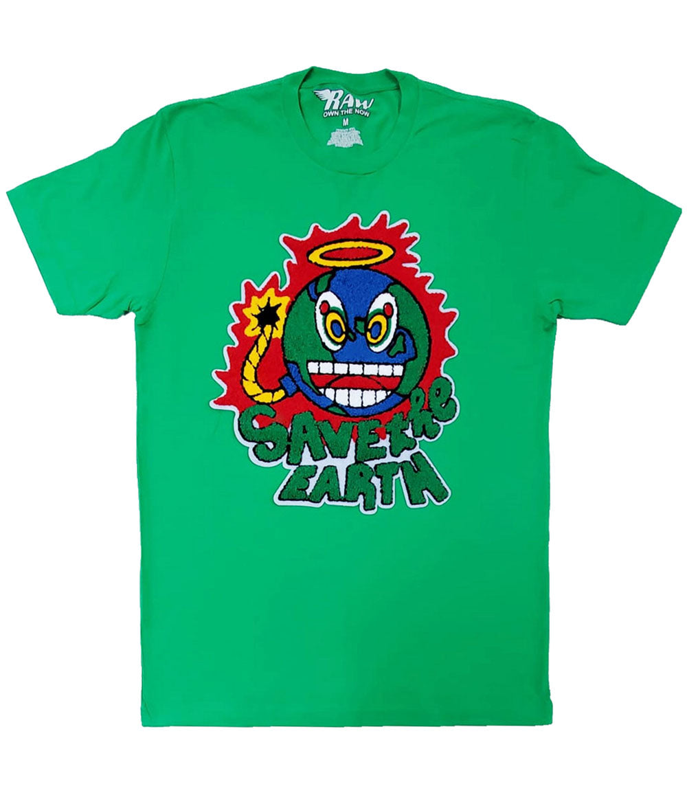 Men Save The Earth Chenille Crew Neck T-Shirts - Green - Rawyalty Clothing