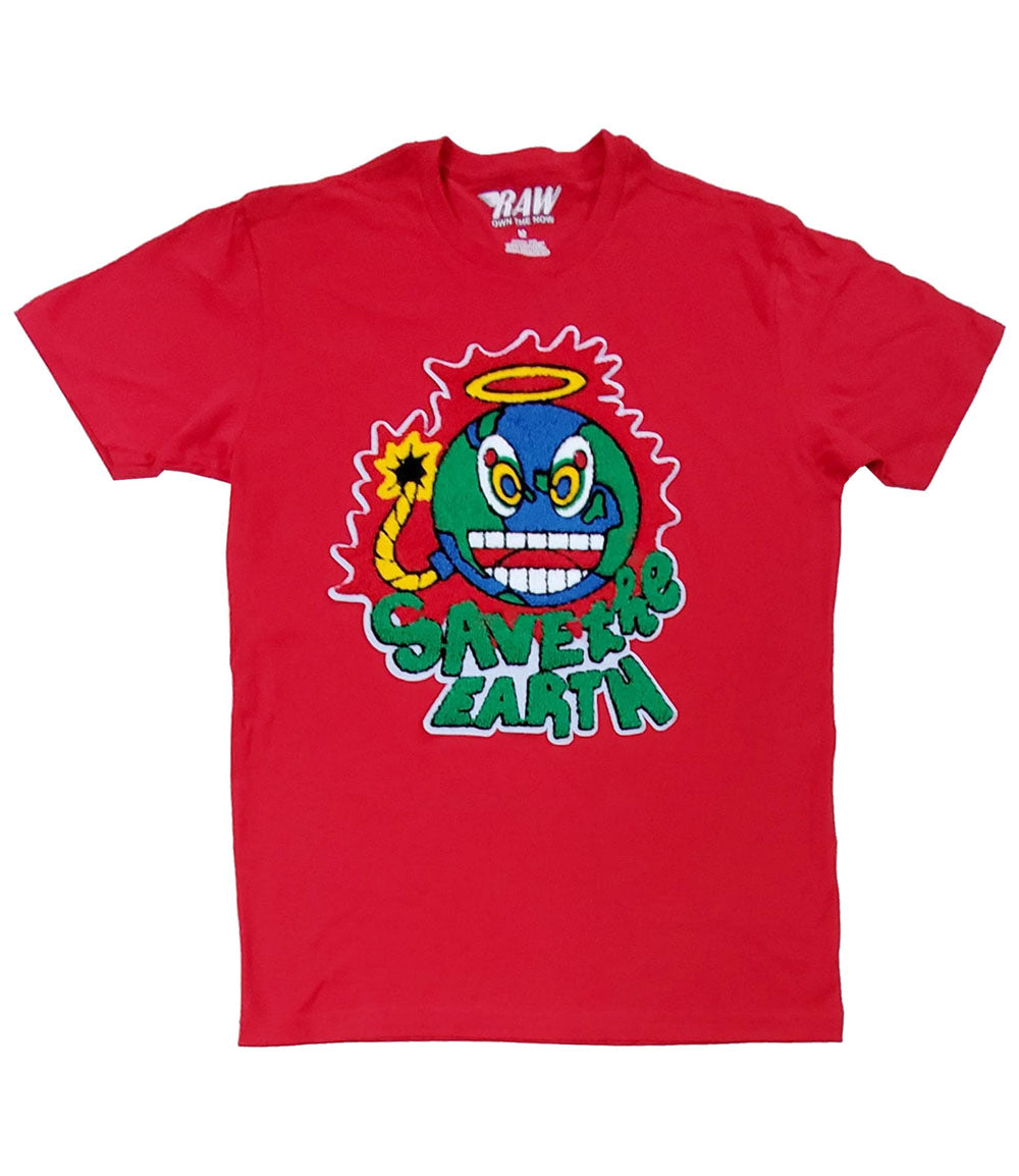 Men Save The Earth Chenille Crew Neck T-Shirts - Red - Rawyalty Clothing