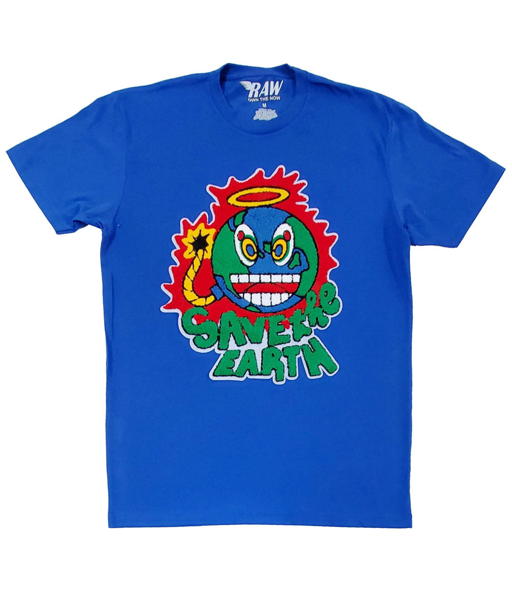 Men Save The Earth Chenille Crew Neck T-Shirts - Royal - Rawyalty Clothing