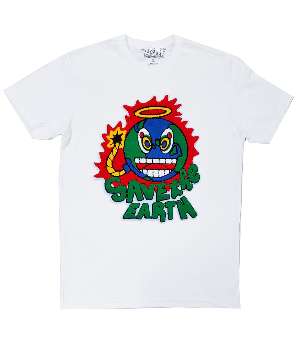 Men Save The Earth Chenille Crew Neck T-Shirts - White - Rawyalty Clothing