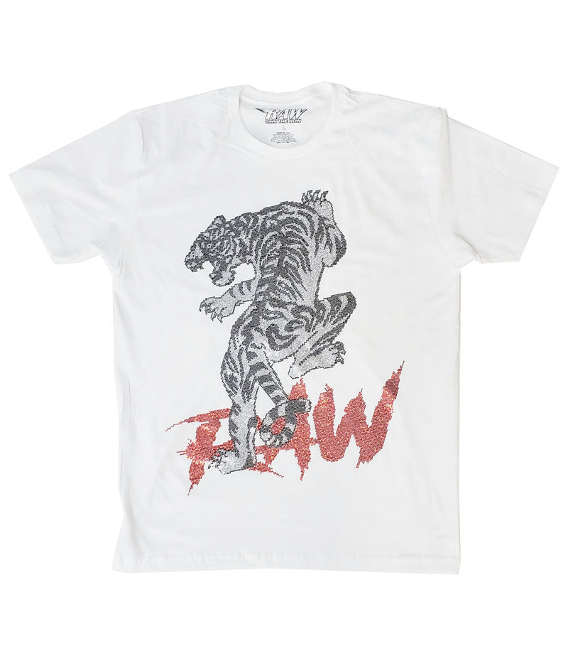 Men Tiger Cursive RAW Red Bling Crew Neck T-Shirt - Rawyalty Clothing