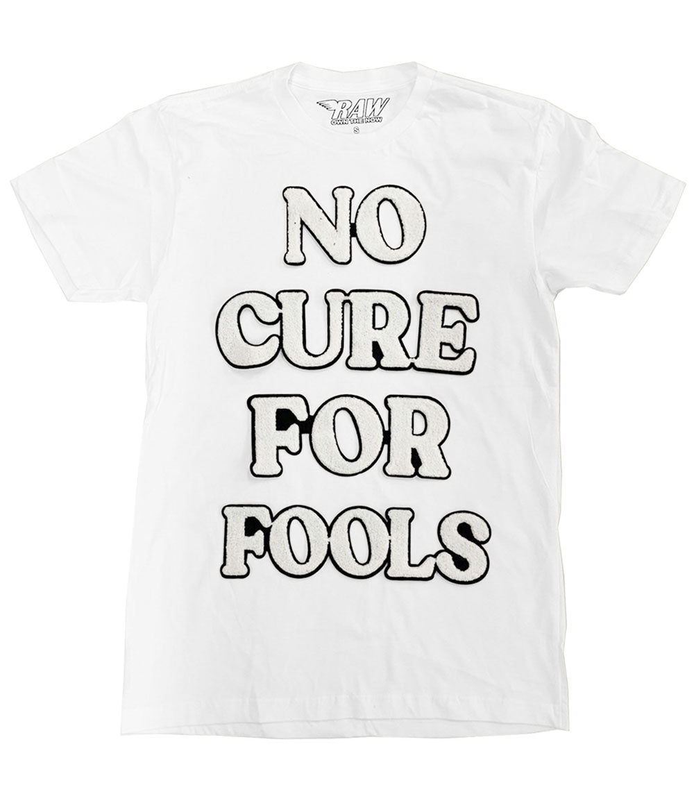 Men No Cure For Fools Chenille Crew Neck - White - Rawyalty Clothing
