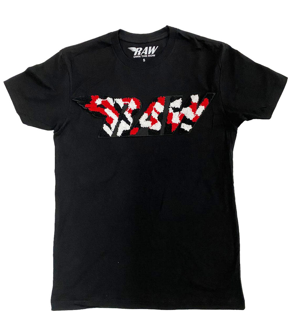Men RAW Camo Red Chenille Crew Neck - Black - Rawyalty Clothing