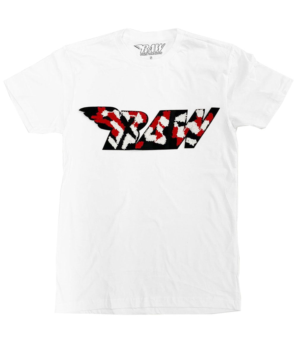 Men RAW Camo Red Chenille Crew Neck - White - Rawyalty Clothing