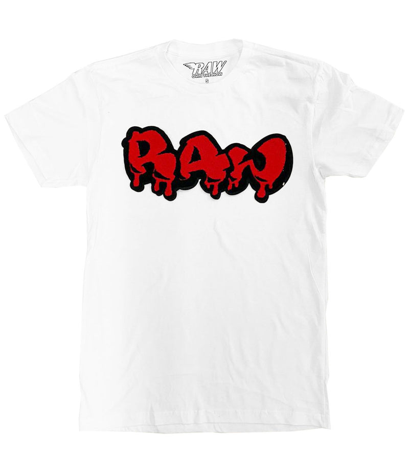 Men RAW Drip Red Chenille Crew Neck - White - Rawyalty Clothing