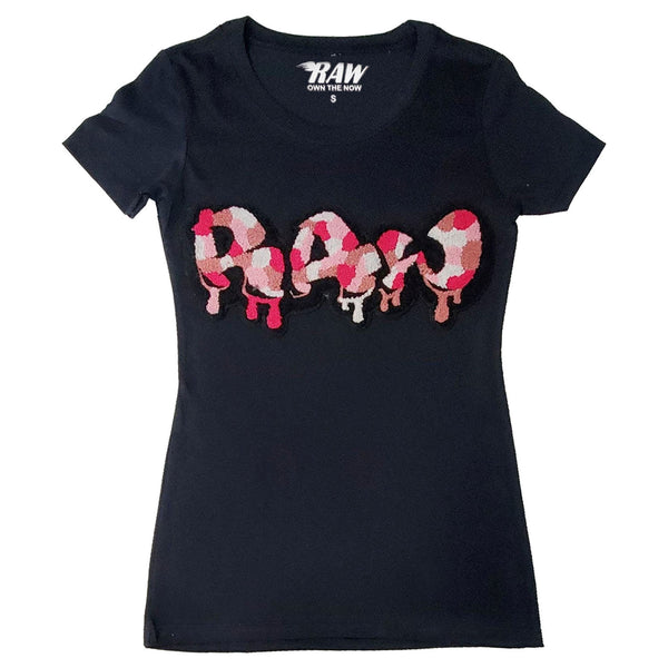 Women RAW Drip Camo Pink Chenille Crew Neck T-Shirts - Rawyalty Clothing