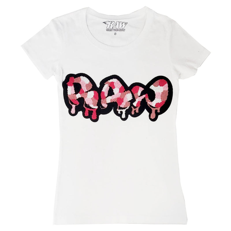 Women RAW Drip Camo Pink Chenille Crew Neck T-Shirts - Rawyalty Clothing