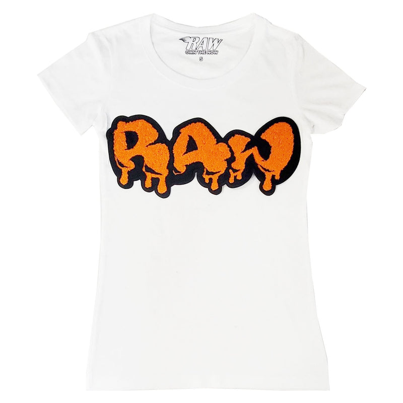 Women RAW Drip Orange Chenille Crew Neck T-Shirts - Rawyalty Clothing