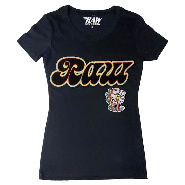 Women RAW Retro Flower Chenille Crew Neck T-Shirts - Rawyalty Clothing