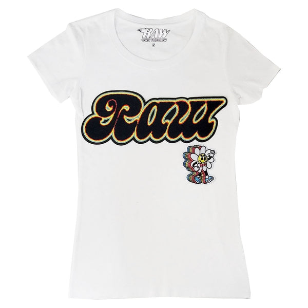 Women RAW Retro Flower Chenille Crew Neck T-Shirts - Rawyalty Clothing