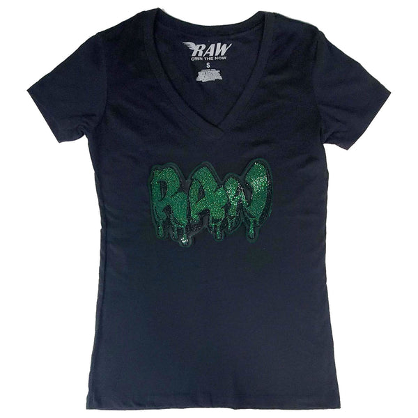 Women RAW Drip Forest Green Bling V-Neck T-Shirts - Rawyalty Clothing